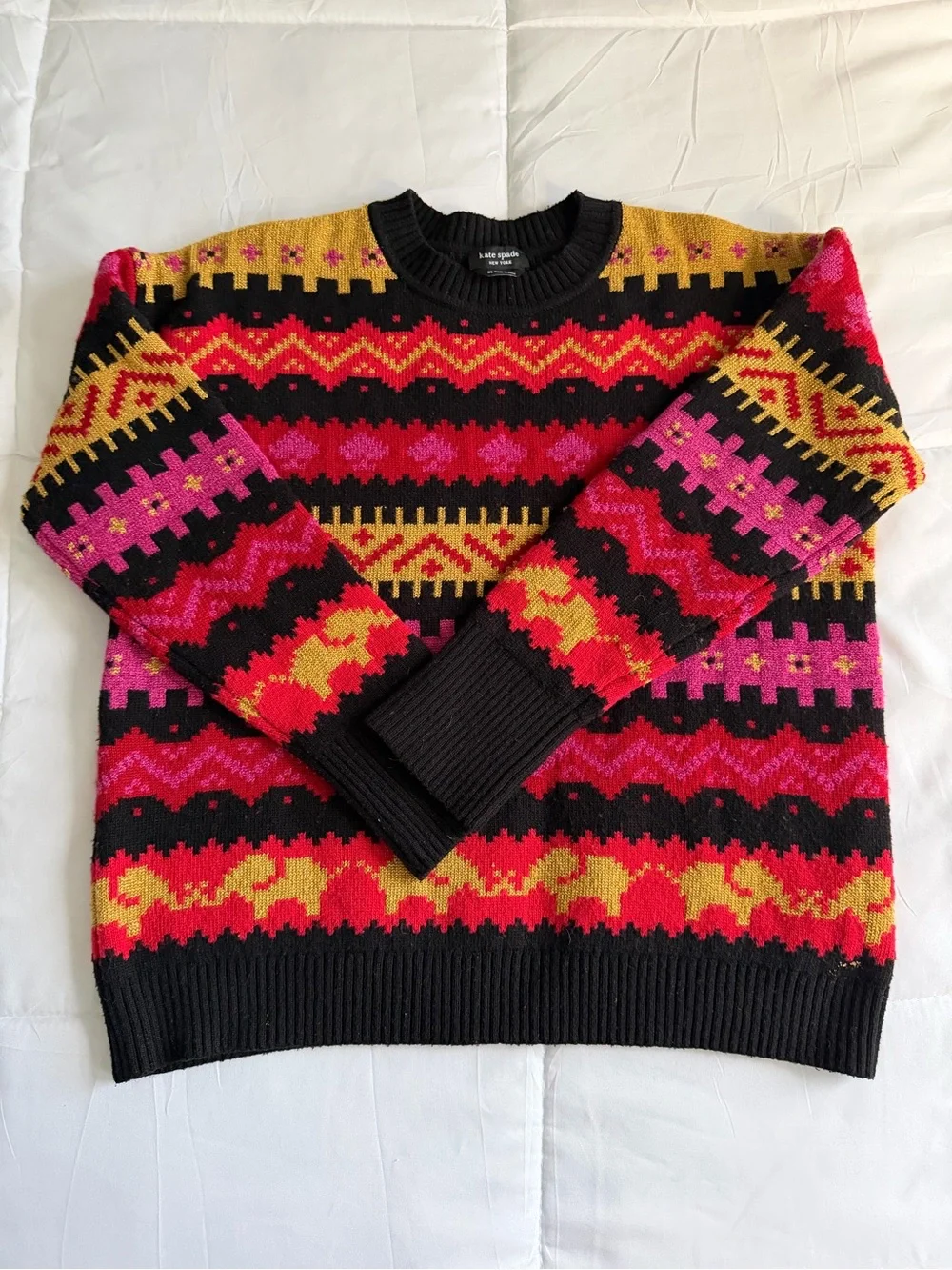 kate spade Black Crewneck Sweater with Pink, Red & Gold Fair Isle